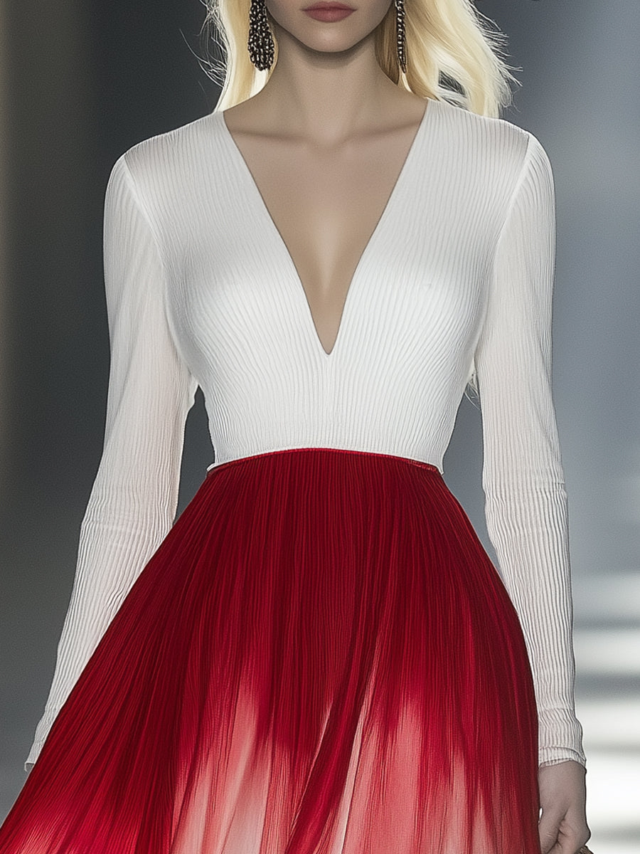Elegant And Atmospheric V-neck Pleated Chiffon Red And White Gradient Maxi Dress