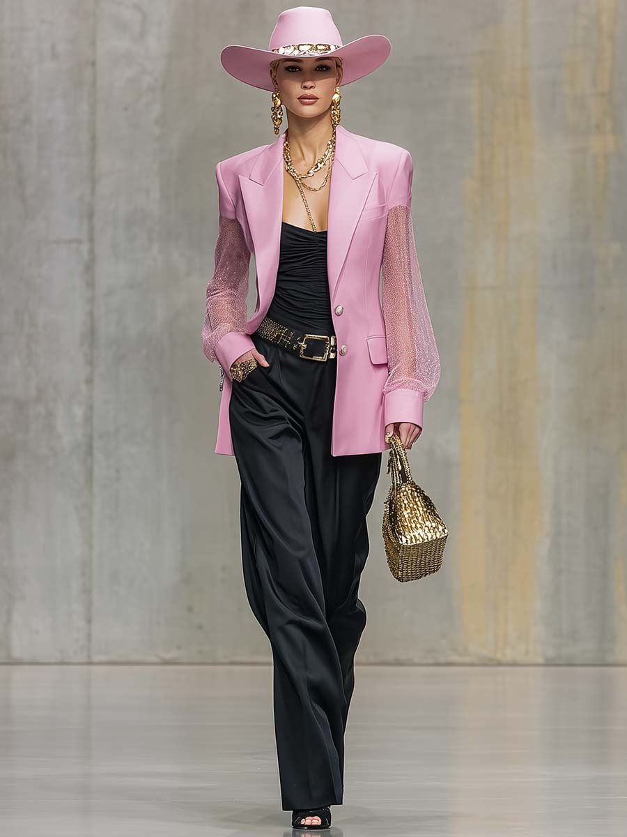 Exquisite And Elegant Peaked Lapel Single-breasted 2-button Mesh Sleeve Pink Satin Blazer
