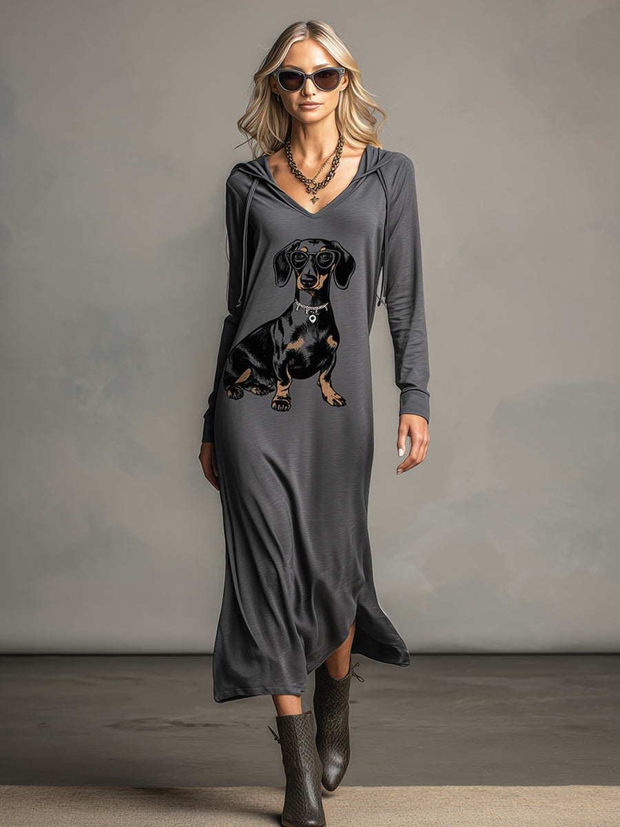 Casual And Fashionable Dark Gray Printed Hooded Long-sleeved Maxi Dress