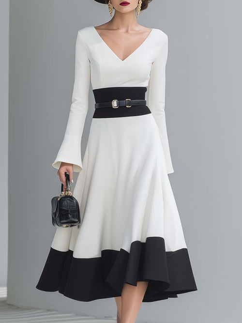 Elegant Classic V-neck Long-sleeved A-line Hem White And Black Contrast Midi Dress