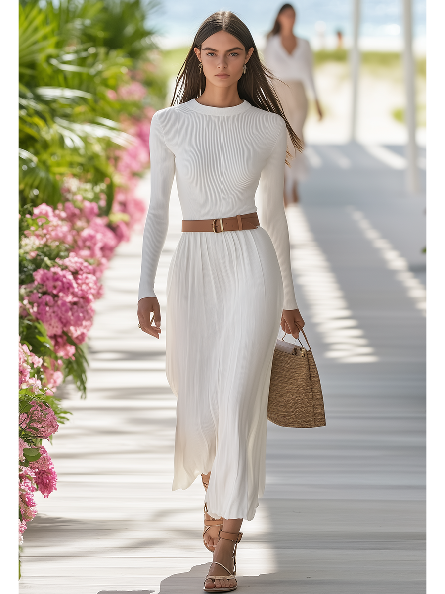 Elegant Round Neck Long Sleeve Knitted Patchwork Chiffon Maxi Dress