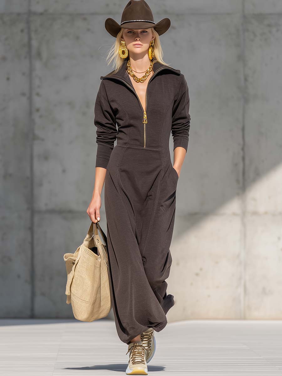 Exquisite Casual Zipper V-neck Brown Sports Cotton Maxi Dress