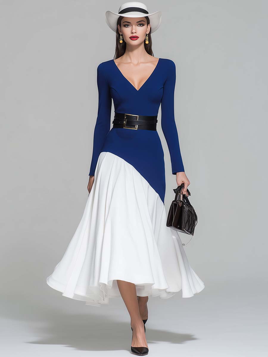 Elegant And Flowing V-neck Long-sleeved Dark Blue And White Contrasting Pleated Hem Midi Dress