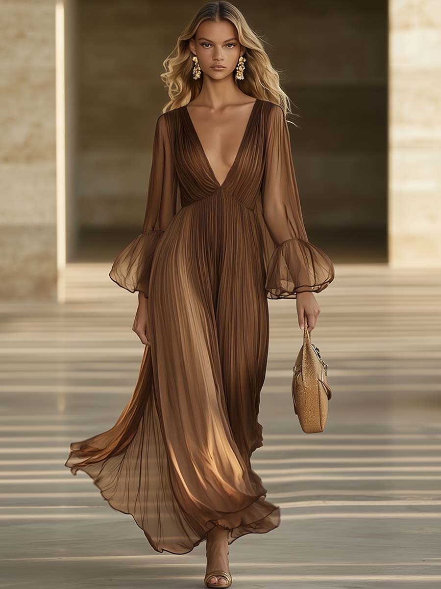 Elegant And Flowing V-neck Lotus Leaf Long Sleeve Chocolate Color Pleated Chiffon Maxi Dress