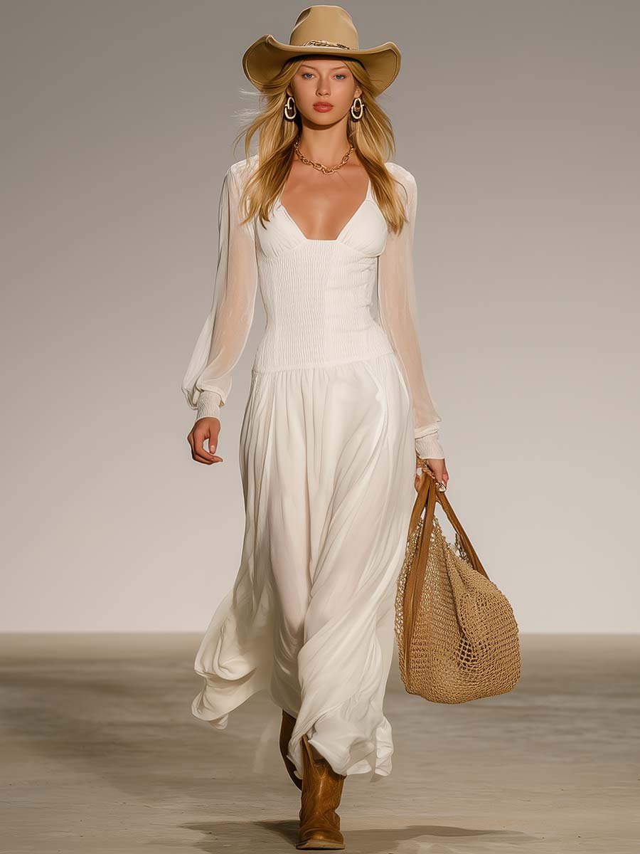 Elegant Retro Exquisite Transparent Long-sleeved Waist Flowing Hem White Chiffon Maxi Dress