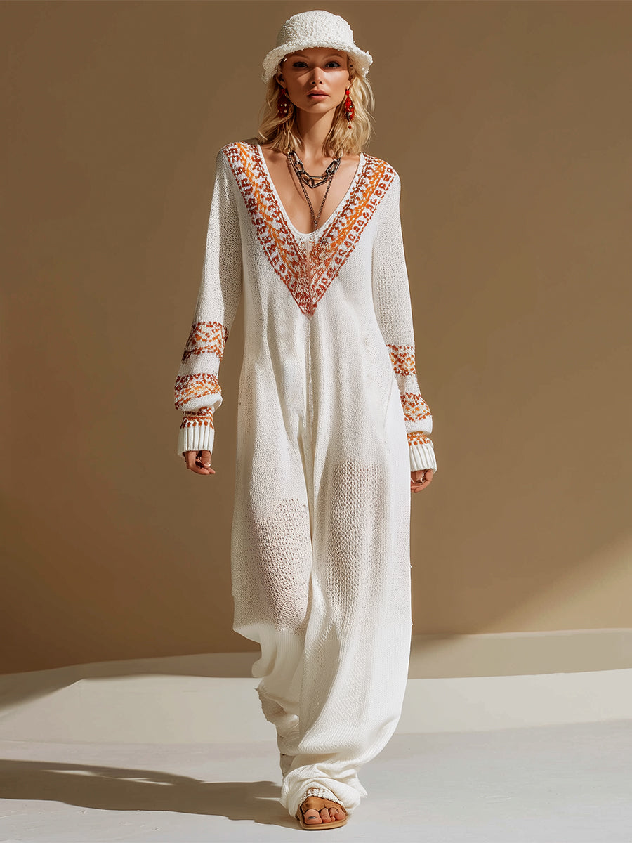 Elegant Loose White Paisley Pattern V-Neck Breathable Knitted Long-Sleeved Jumpsuit