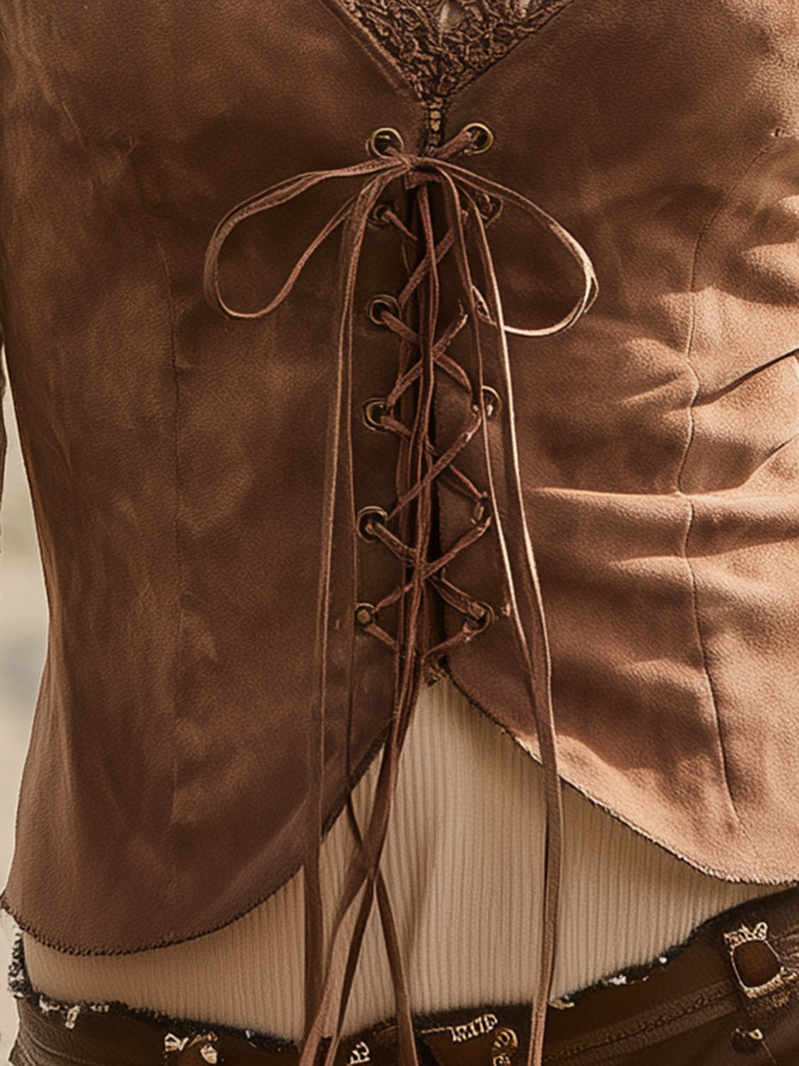 Elegant Western Lace Front Cross Strap Brown Suede Vest