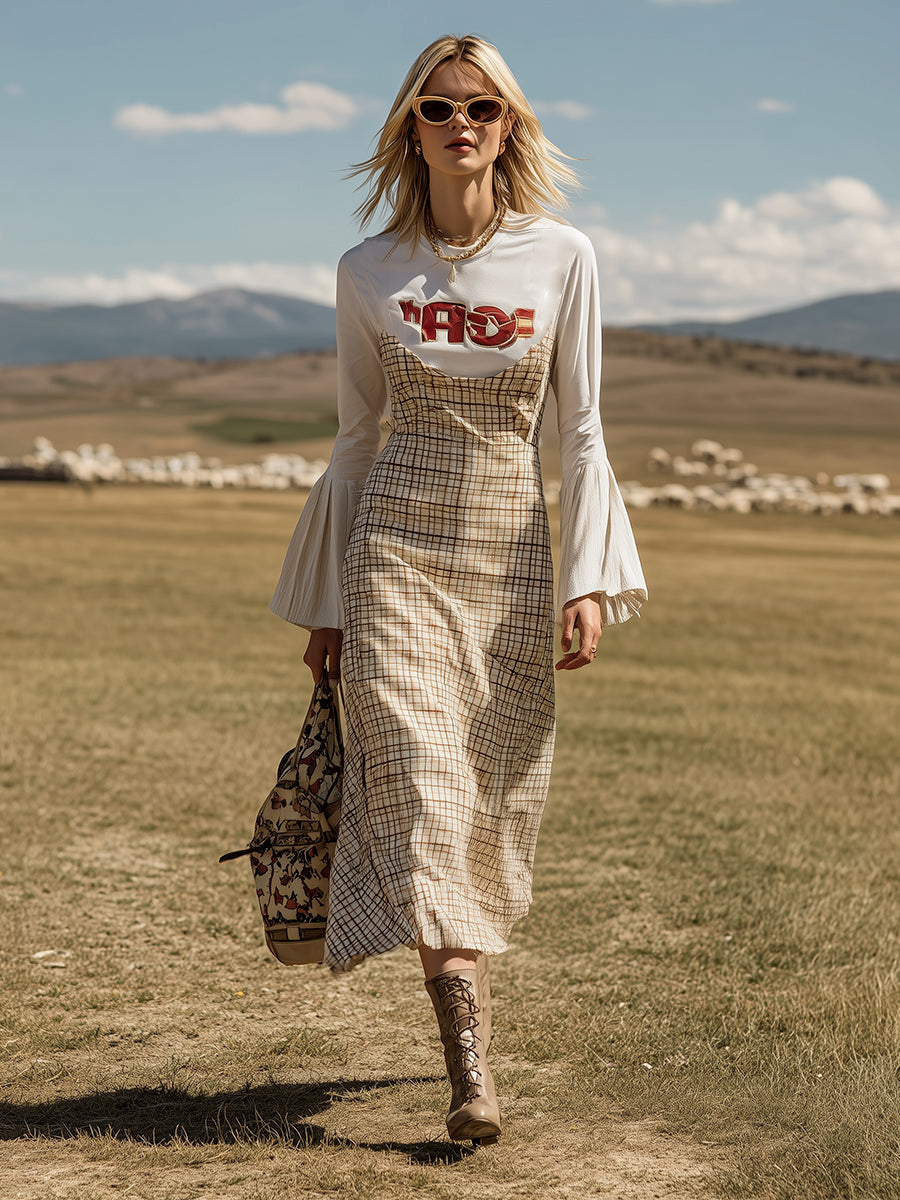 Casual Design Printed White Plaid Long Sleeve Maxi Dress