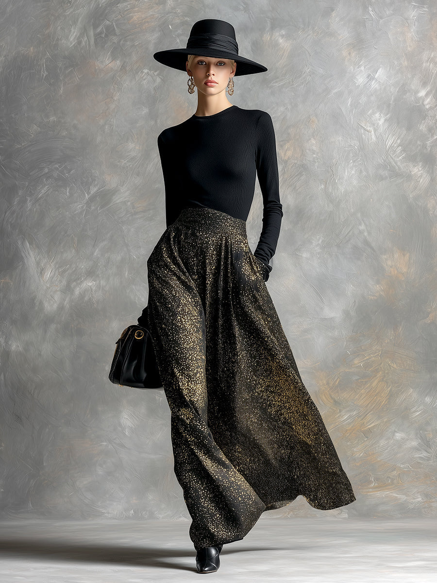 Elegant High-end Black Glitter Long-sleeved Maxi Dress
