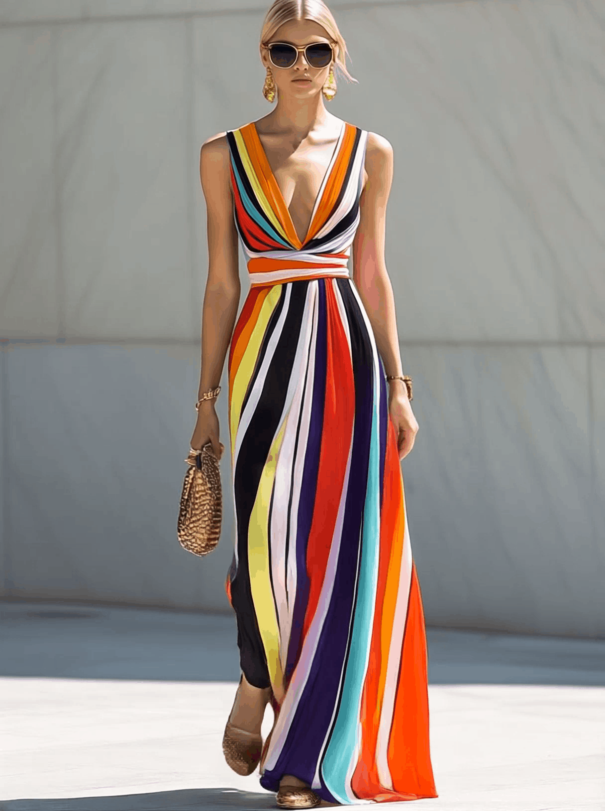 Elegant Flowing V-neck Rainbow Stripe Print Chiffon Maxi Dress