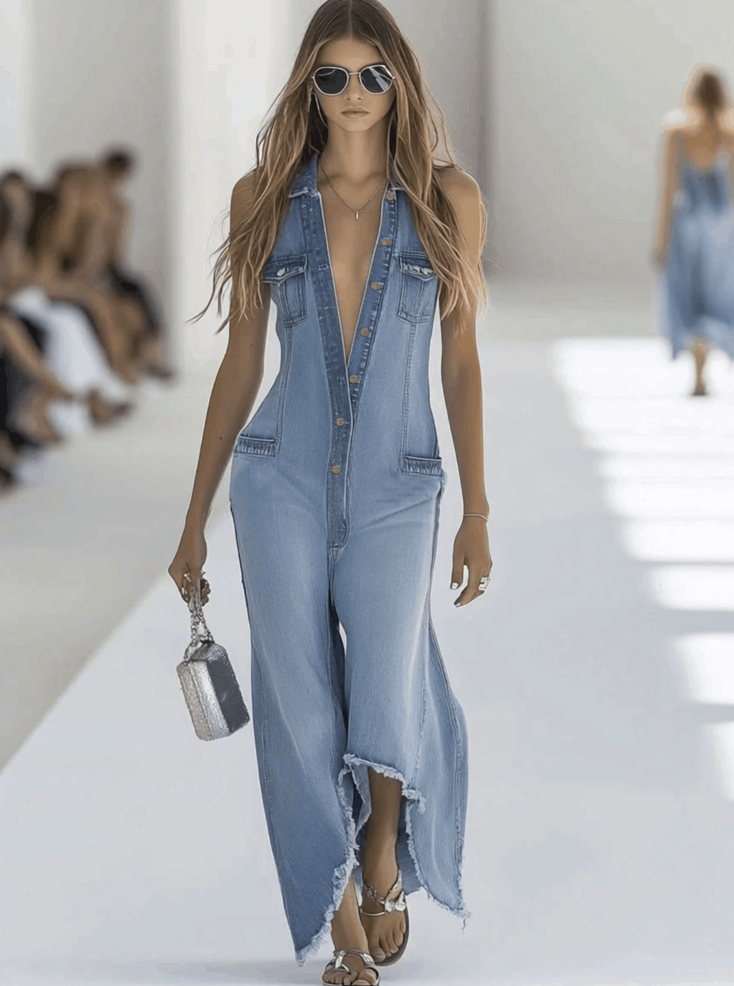 【24-hour shipping out】Western Retro Light Blue Denim Sleeveless Raw Edge Wide Leg Zipper Jumpsuit