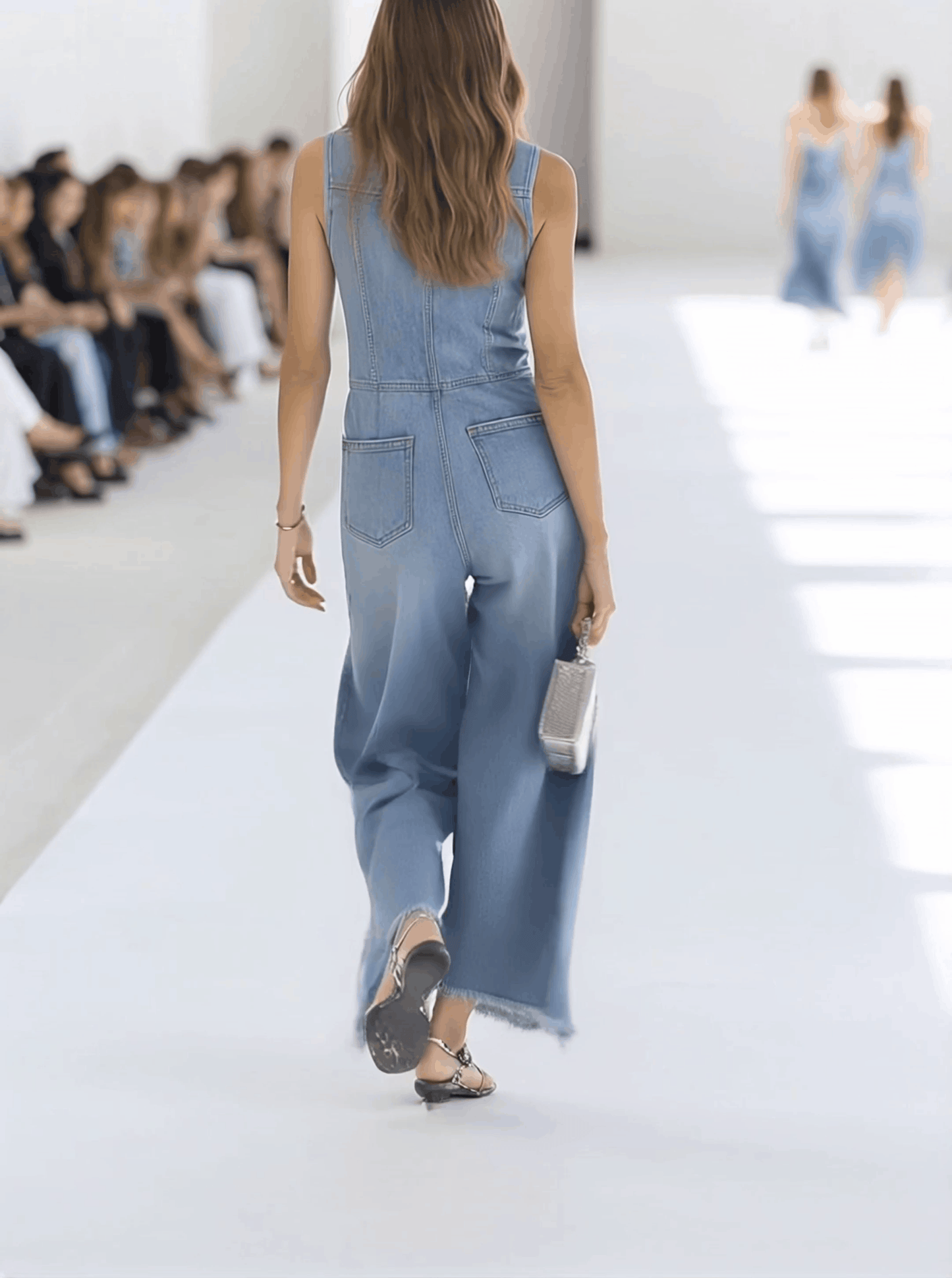【24-hour shipping out】Western Retro Light Blue Denim Sleeveless Raw Edge Wide Leg Zipper Jumpsuit