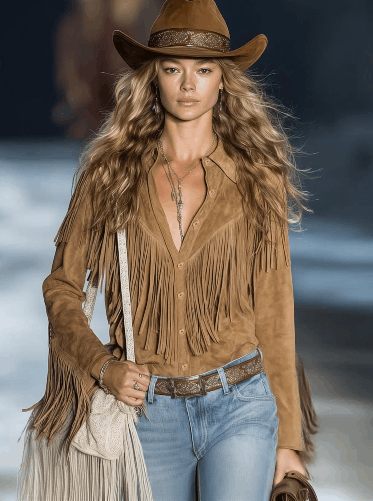 Casual Vintage Western Button Front Tassel Long Sleeve Light Brown Suede Shirt Top