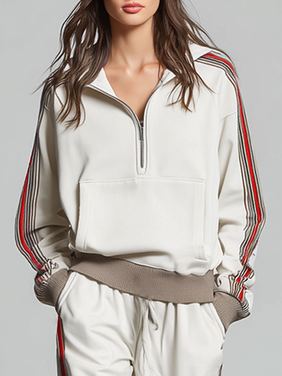 Casual Retro Striped Trim White Knitted Pullover Wide-Leg Pants Sports Set
