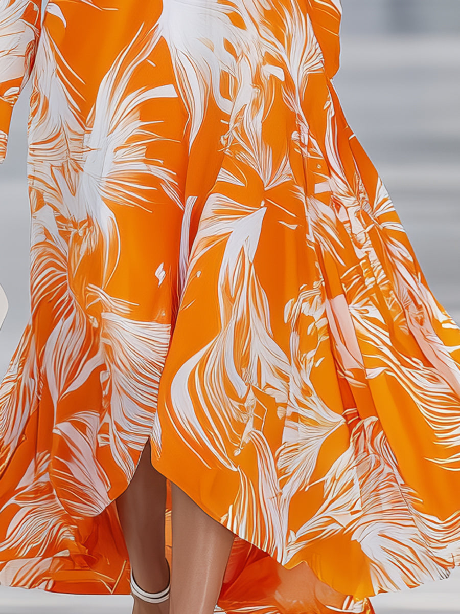 Designer Orange Feather Print Lapel Maxi Dress