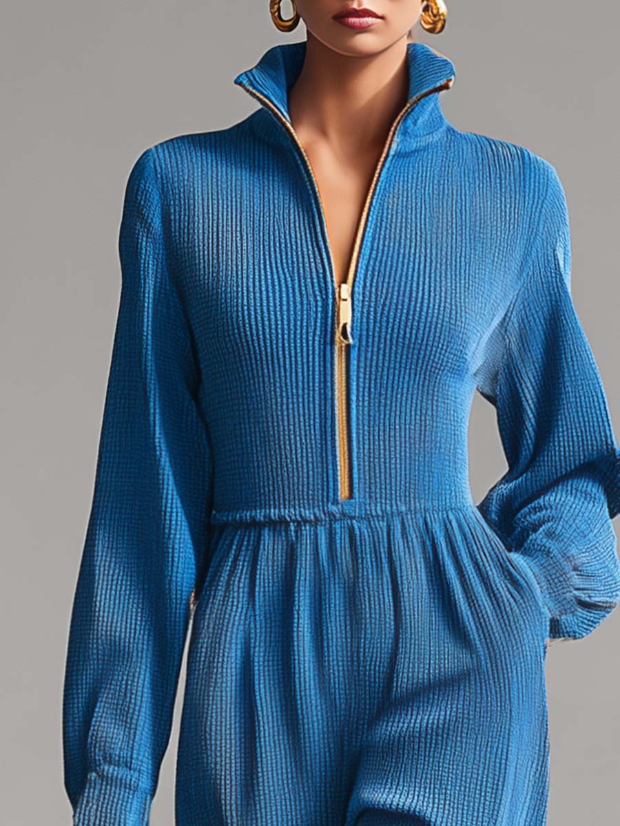 Exquisite Casual Lapel Front Zipper Long Sleeve Blue Waffle Maxi Dress