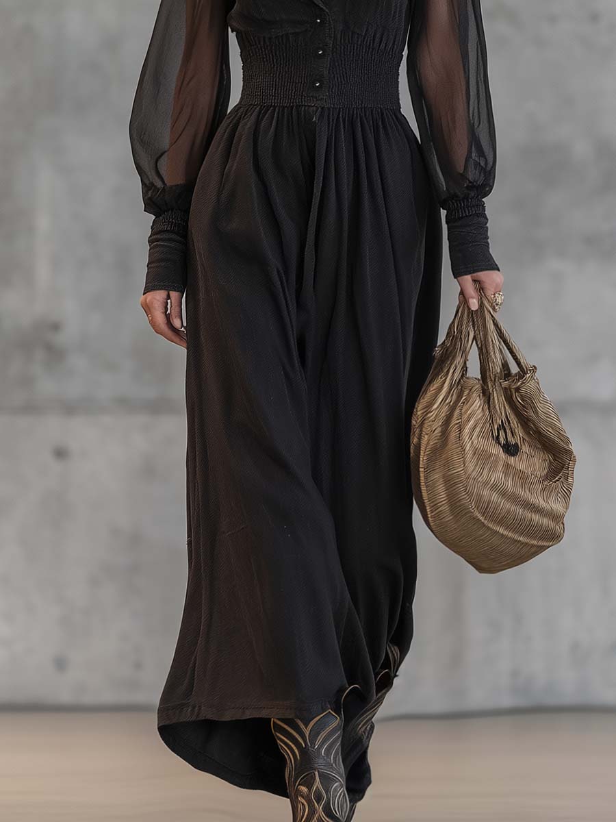 Exquisite Casual Retro Front Button Transparent Long Sleeve Waist Black Cotton Maxi dress