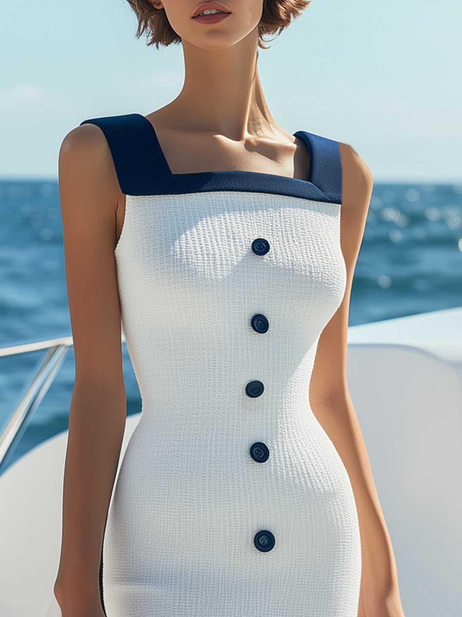 【24-hour shipping out】Summer Vacation Navy Blue Square Collar Button White Knitted Midi Dress