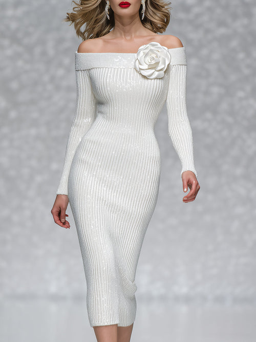 Elegant Shimmering Knitted One-shoulder Three-dimensional Flower Midi Dress