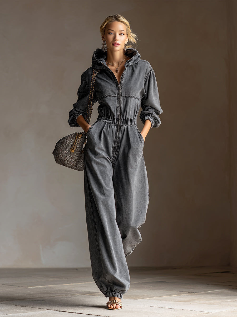 Casual Loose Fashionable Hooded Gray Denim Long-Sleeved Jumpsuit