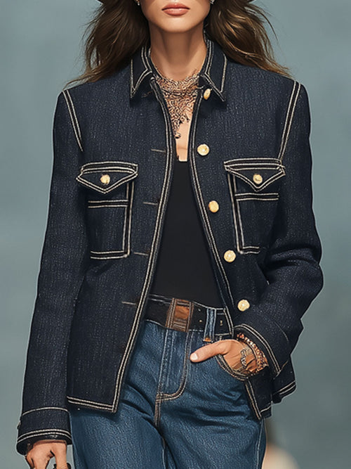 Casual Vintage Navy Denim Topstitched Pocket Jacket