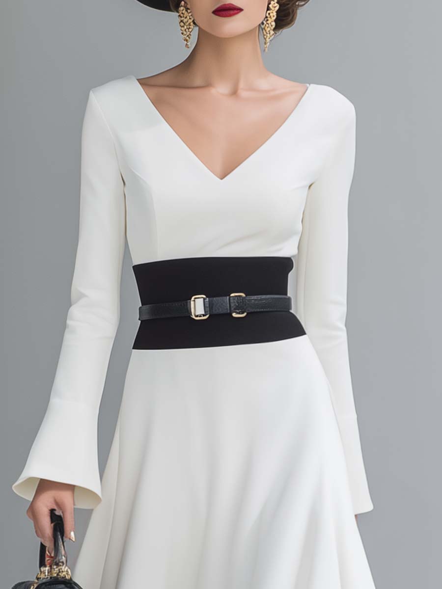 Elegant Classic V-neck Long-sleeved A-line Hem White And Black Contrast Midi Dress