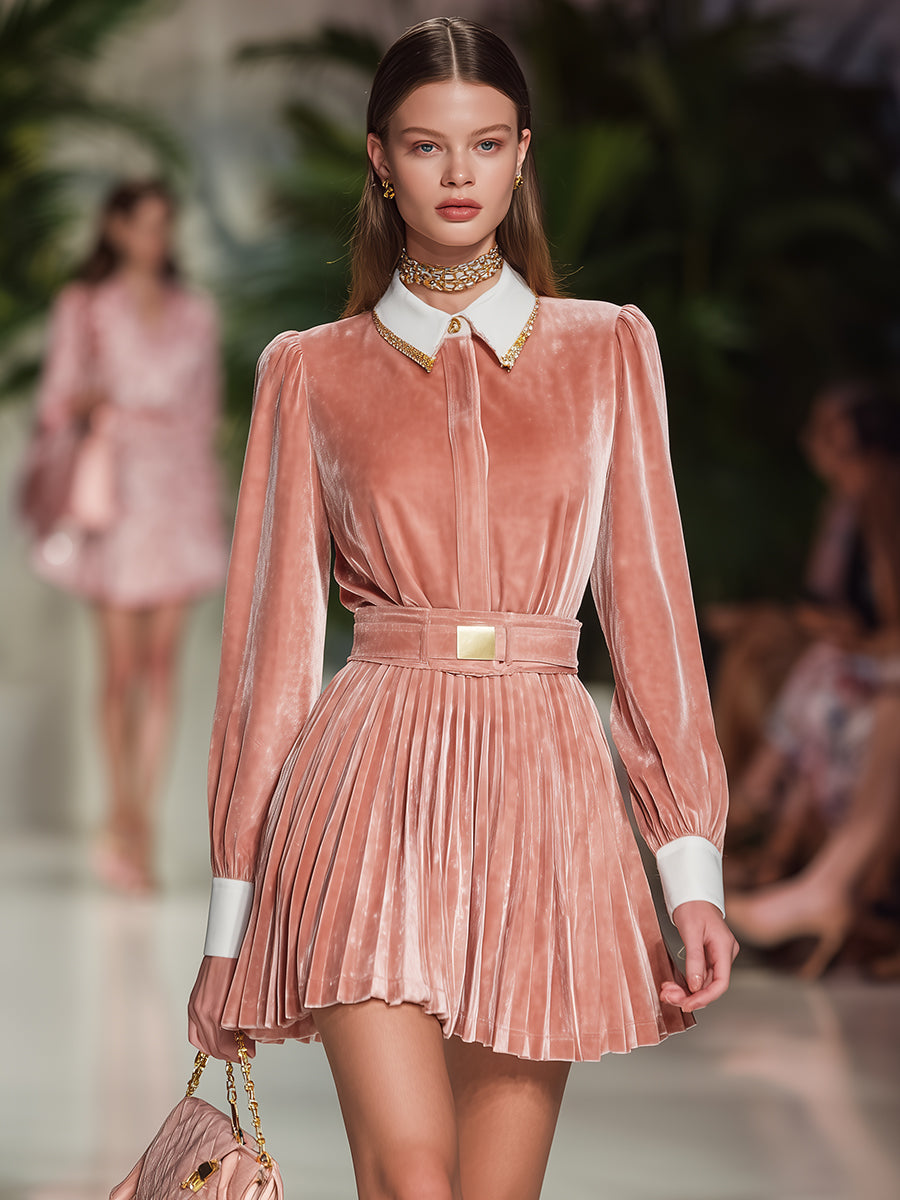Elegant And Fashionable Pink Velvet Lapel Pleated Mini Dress