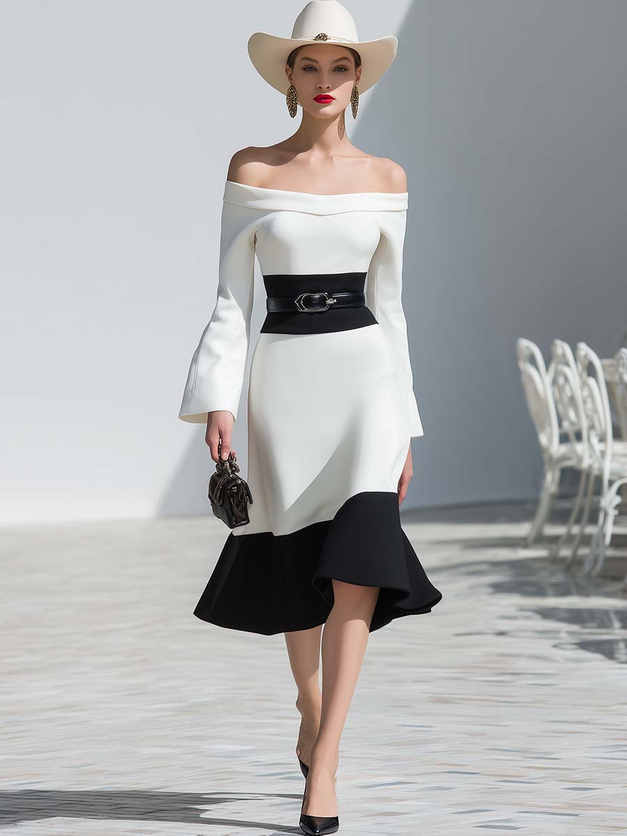 Elegant Off-the-shoulder Long-sleeved Puff Hem Black And White Contrast Midi Dress