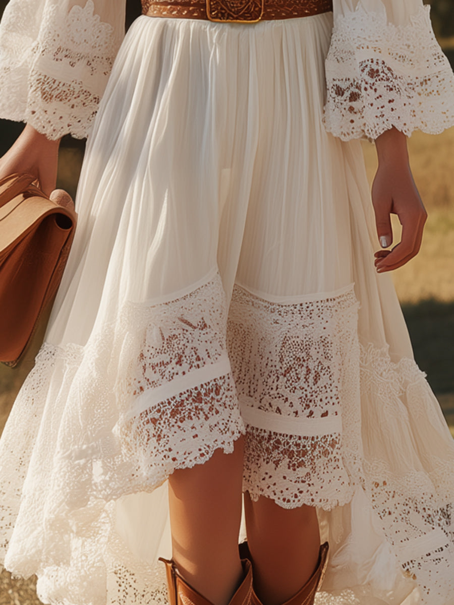 Bohemian White Linen Patchwork Lace Midi Dress