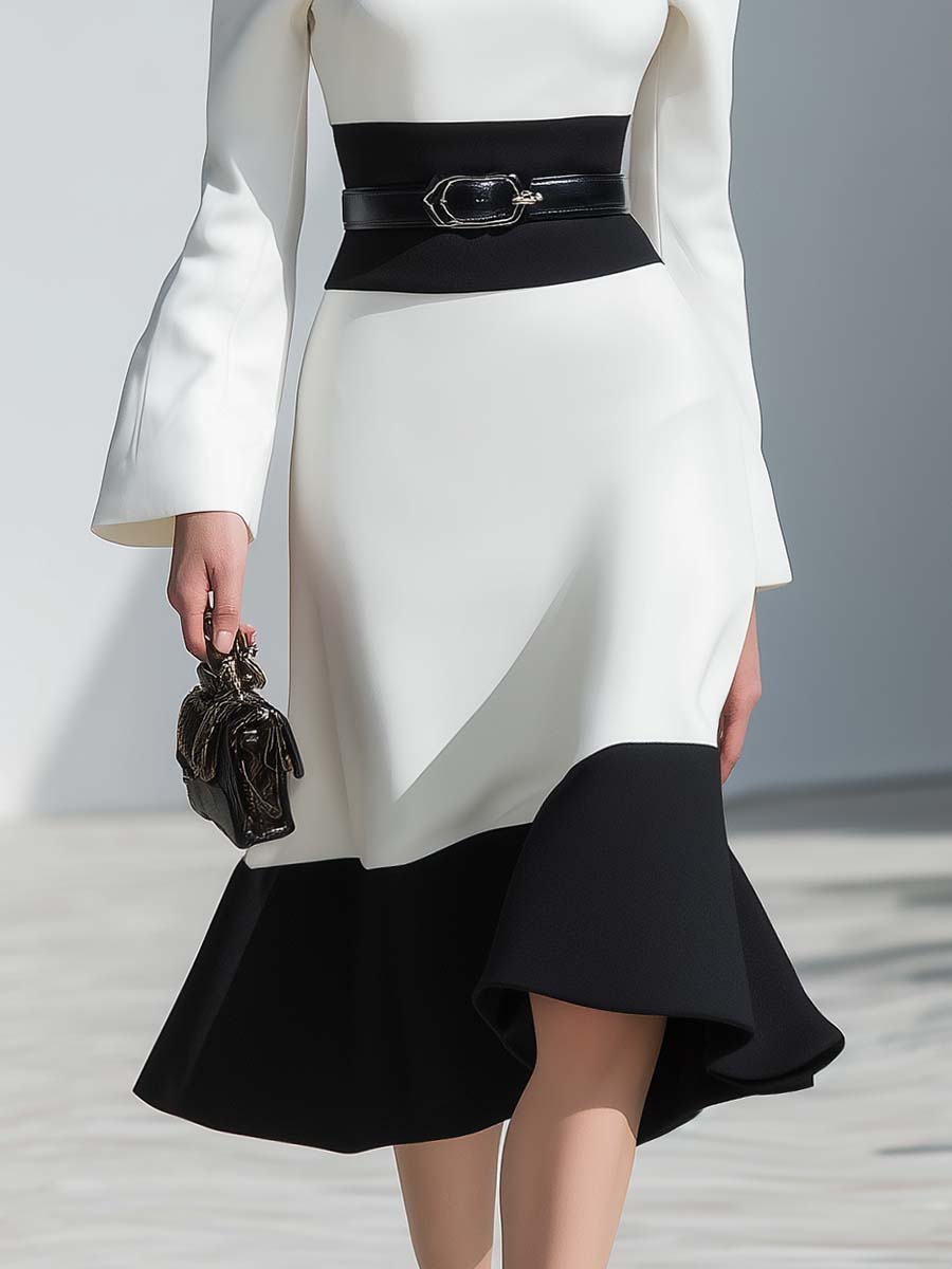 Elegant Off-the-shoulder Long-sleeved Puff Hem Black And White Contrast Midi Dress
