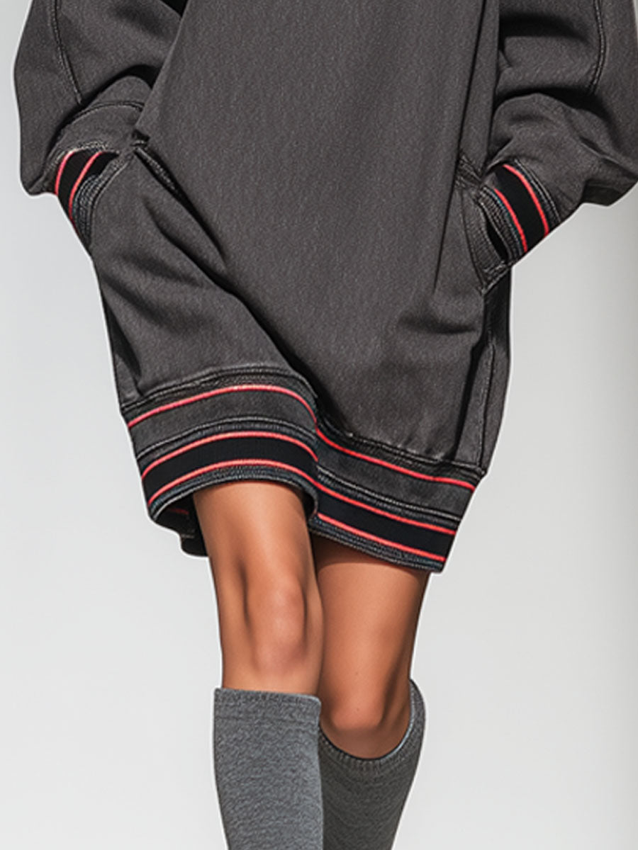 Casual Retro Web-edge Dark Gray Denim Crew Neck Sweatshirt Sports Mini Dress