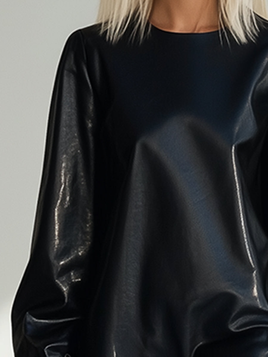 Fashion Loose Black Shiny PU Long Sleeve Tassel Mini Dress