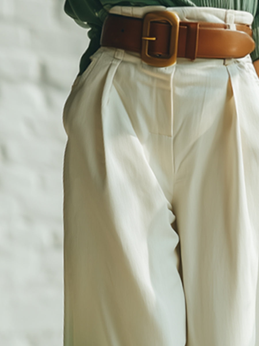 Elegant Casual White Gradient Green Wide-leg Trousers