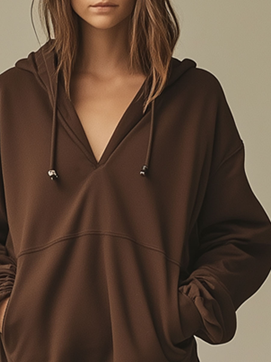 Casual Loose Vintage Cocoa Brown Hooded Sports Lantern Mini Dress