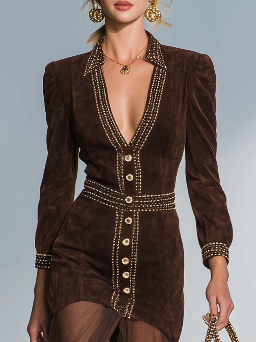 Exquisite And Elegant Western Contrast Color V-neck Mesh Slit Hem Brown Suede Maxi Dress