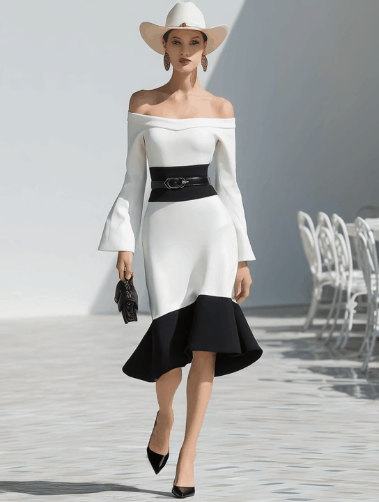 Elegant Off-the-shoulder Long-sleeved Puff Hem Black And White Contrast Midi Dress