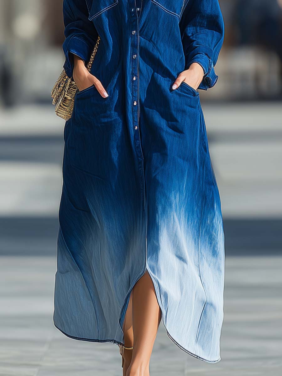 Casual Fashion Western Front Button Blue And White Gradient Denim Loose Shirt Style Maxi Dress