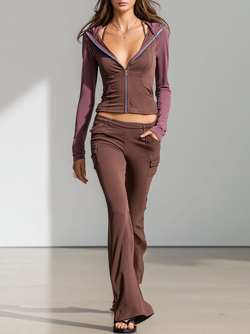 Casual Stretch Lycra Color Block Hoodie Flared Pants Sports Yoga Set