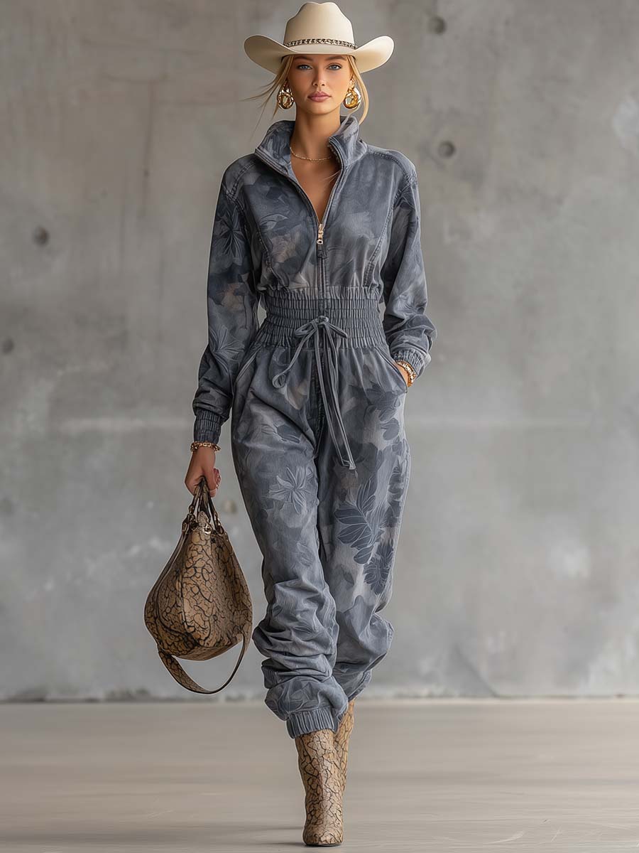 Mono holgado con estampado floral azul claro y gris de cuello alto y ropa deportiva informal exquisita