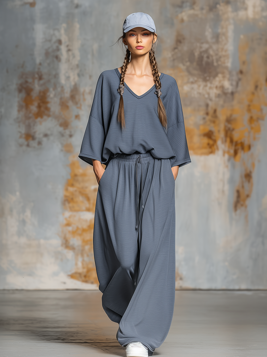 Casual Loose V-neck Top Wide-leg Pants Sports Suit