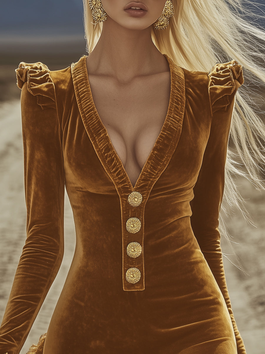 Elegant And Fashionable V-neck Gold Button Ruffled Skirt Velvet Mini Dress