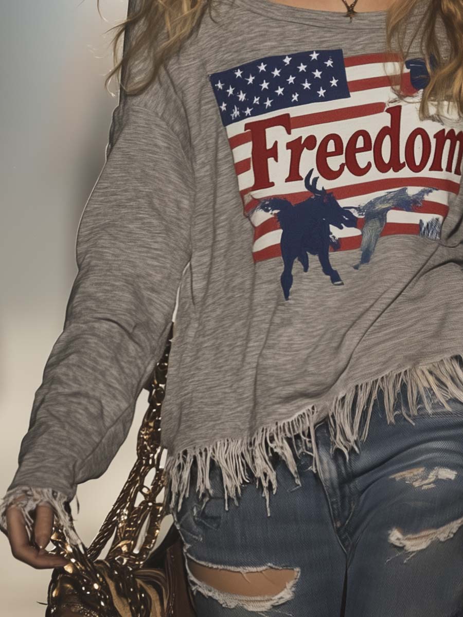 Casual Retro Western Crew Neck Long Sleeve Freedom Flag Print Tassel Grey T-Shirt Top