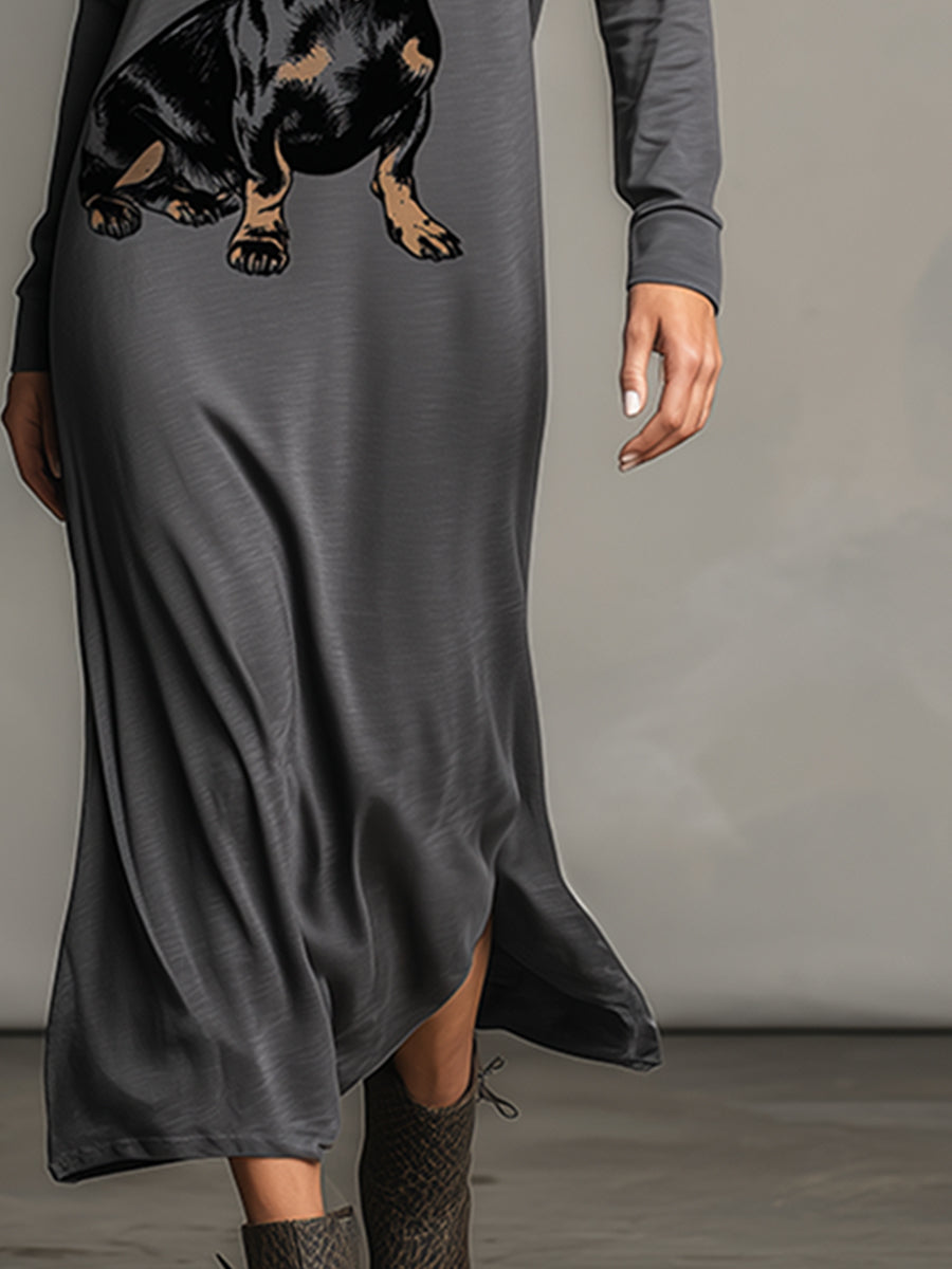 Casual And Fashionable Dark Gray Printed Hooded Long-sleeved Maxi Dress