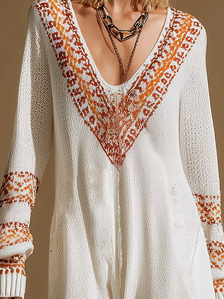 Elegant Loose White Paisley Pattern V-Neck Breathable Knitted Long-Sleeved Jumpsuit
