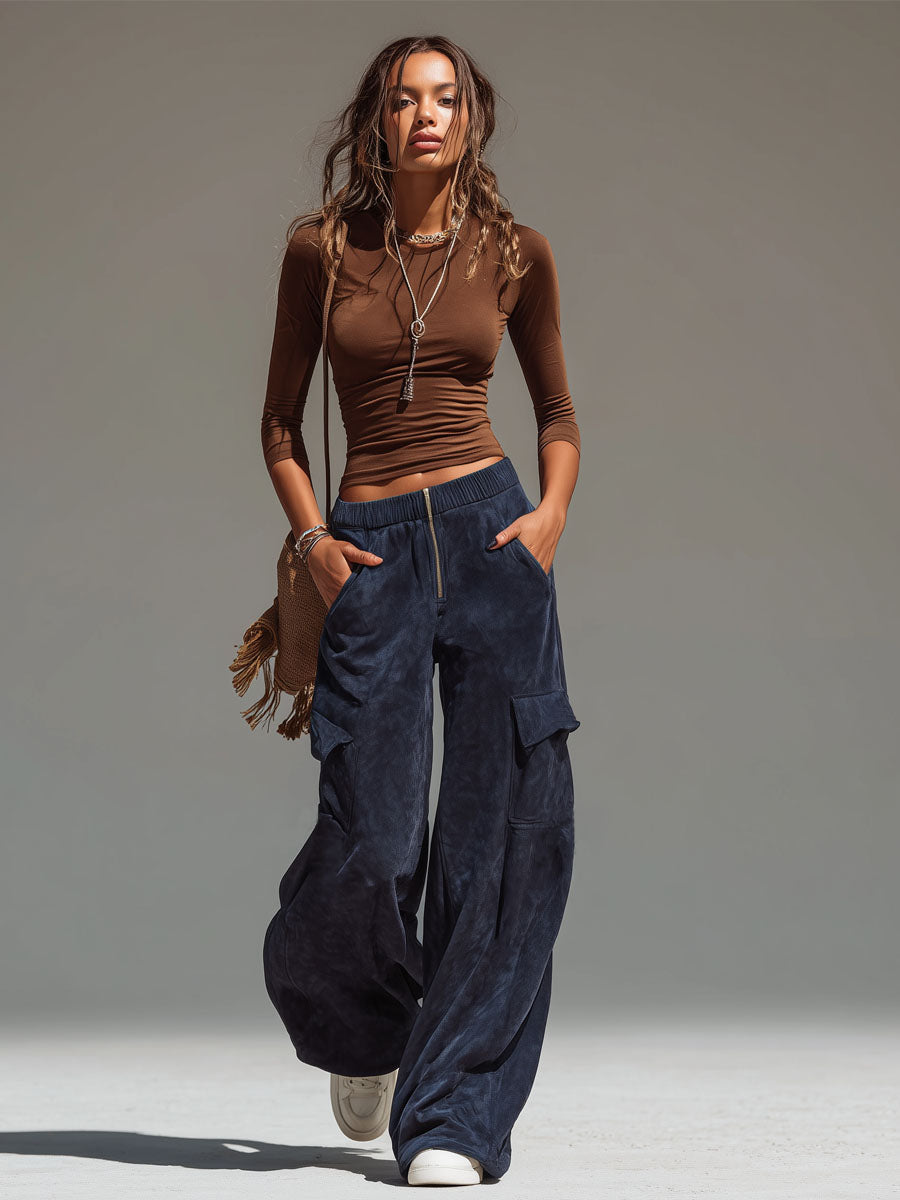 Pantalones anchos de gamuza sintética con múltiples bolsillos de estilo occidental