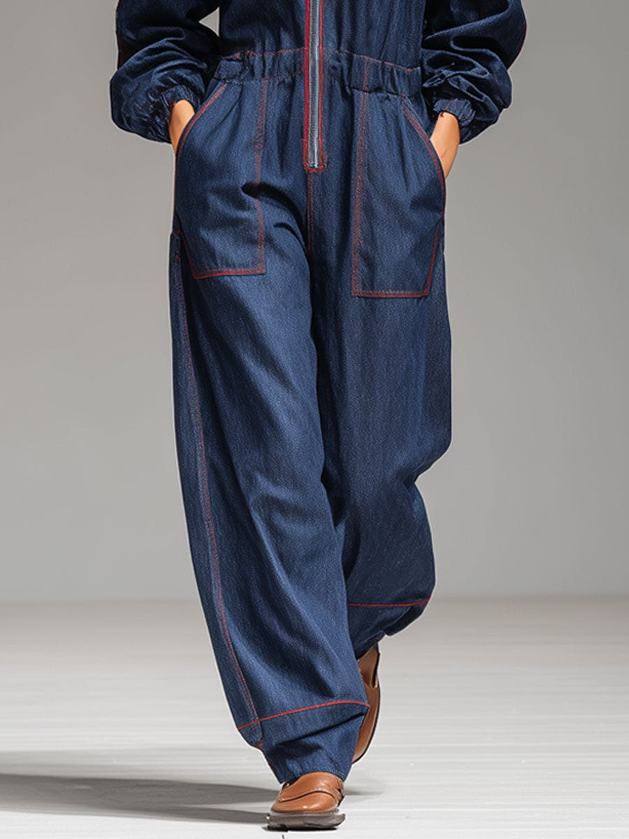 Casual Loose Retro Dark Blue Denim Topstitched Hooded Sports Jumpsuit