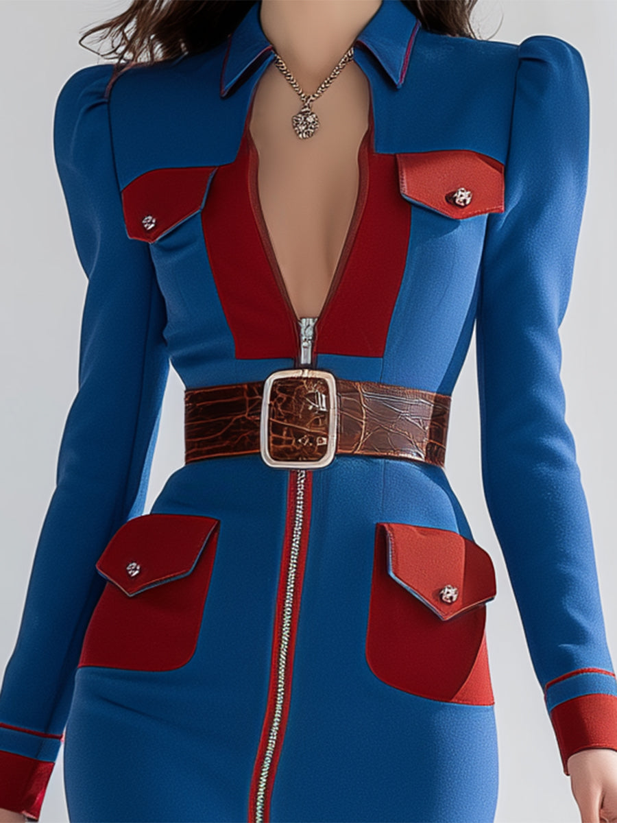 Blue And Red Contrast Zipper Slit Midi Dress