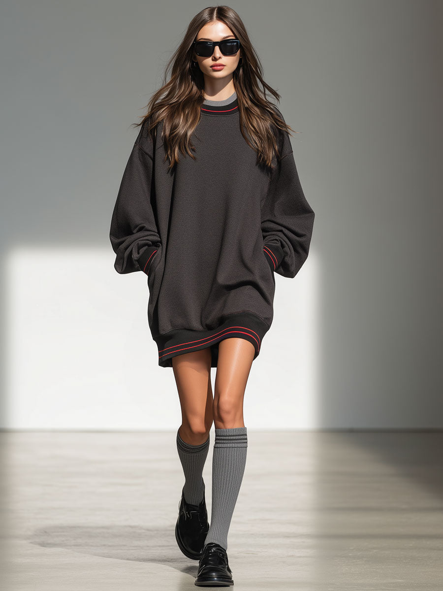 Casual Retro Striped Dark Grey Round Neck Sports Mini Dress