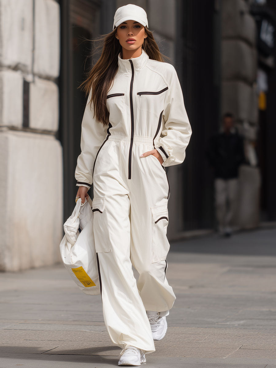 Casual Stand-up Collar Long Zipper Multi-pocket Long Casual Jumpsuit