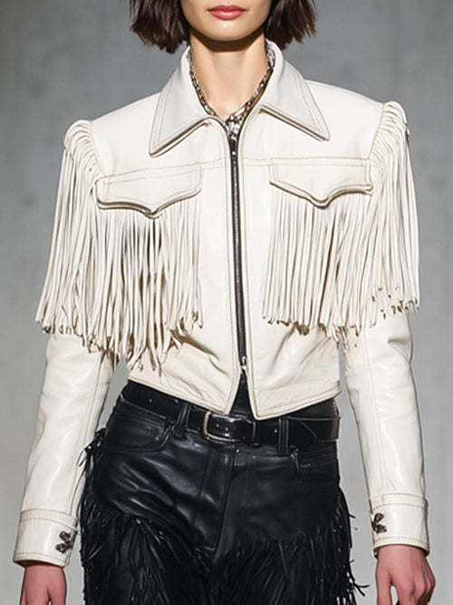 Casual Retro White Faux Leather Tassel Short Jacket